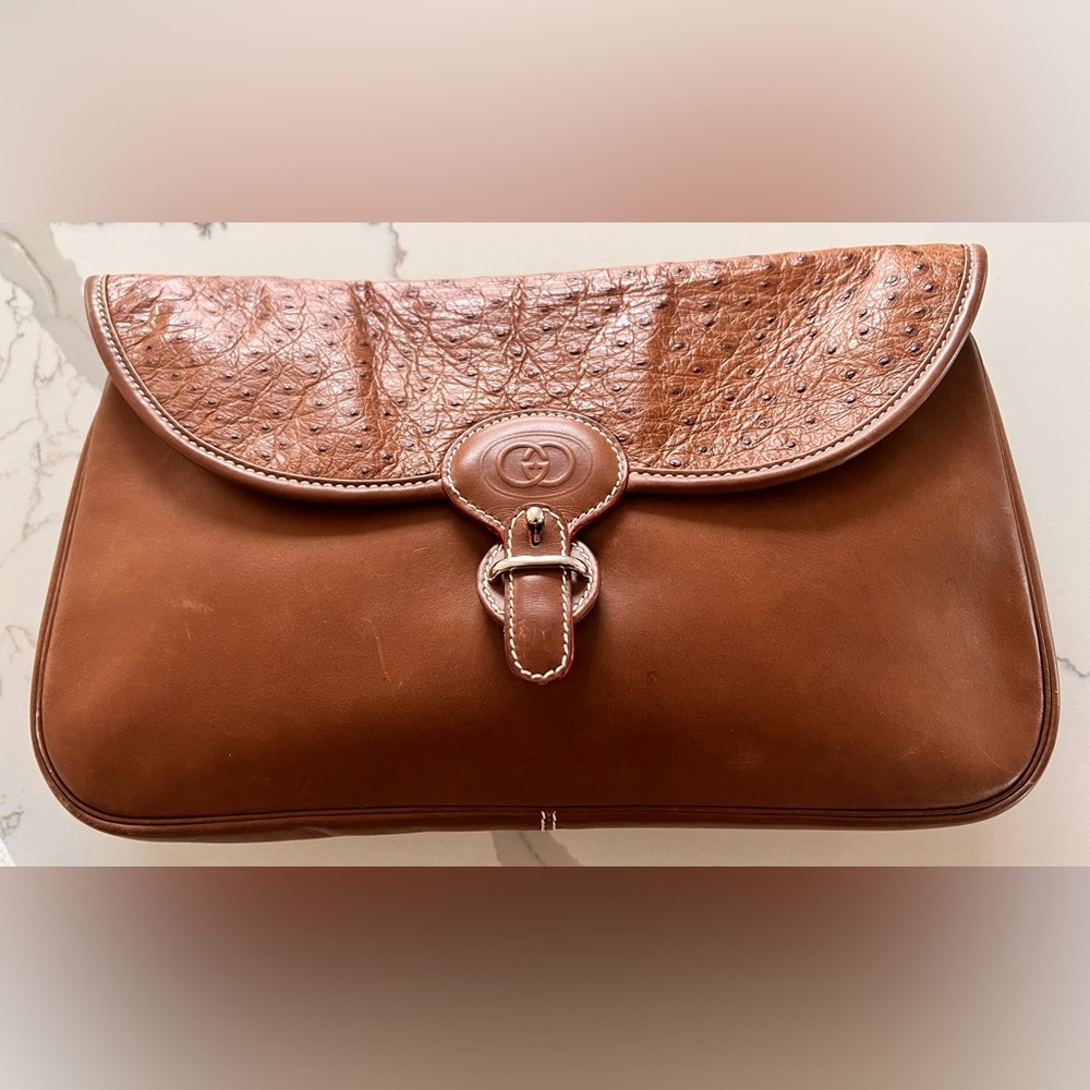 VINTAGE GUCCI OSTRICH TRIMMED FLAP BAG